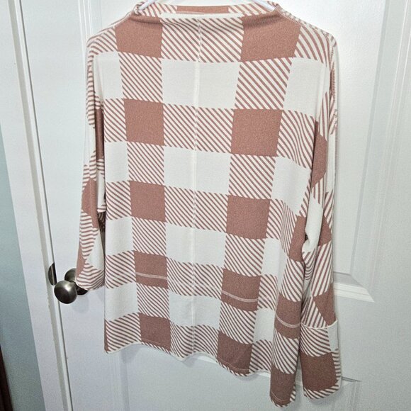 Maurices Tunic Top Brown Cream Plaid Funnel Neck Size Large Soft - Picture 2 of 4